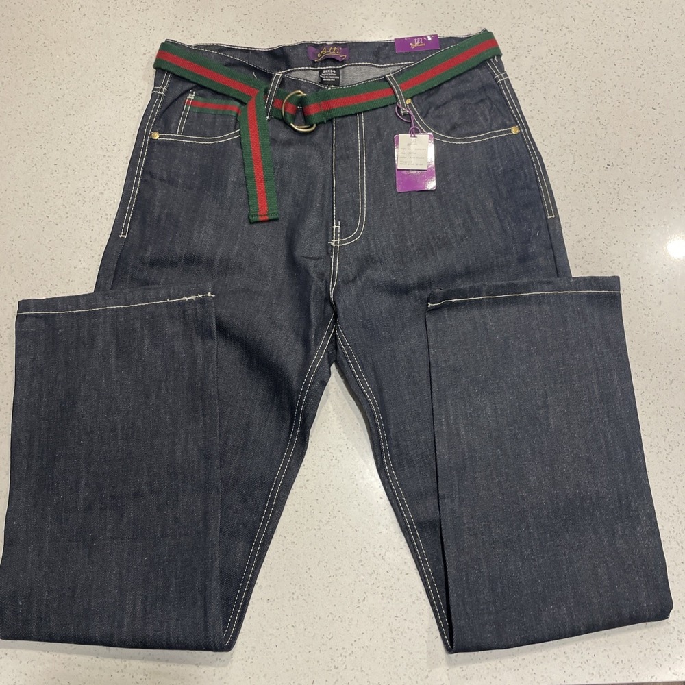 Atti Mens Denim Jeans‎ 38x34 Embellished Pockets Red Green Belt Detailed NWT
